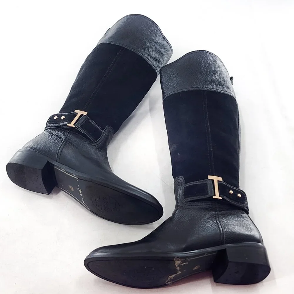 TORY BURCH Tenley‎ Black Leather Suede Combo Designer Riding Boots